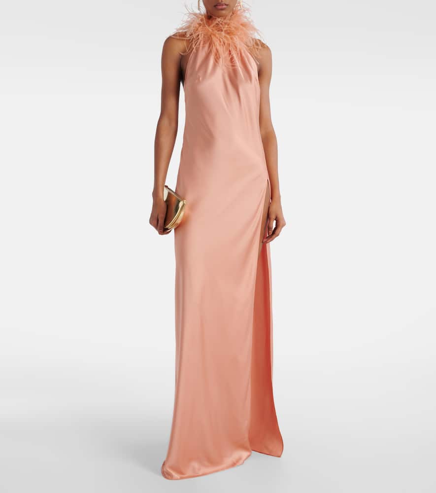 Jazzy feather-trimmed satin gown