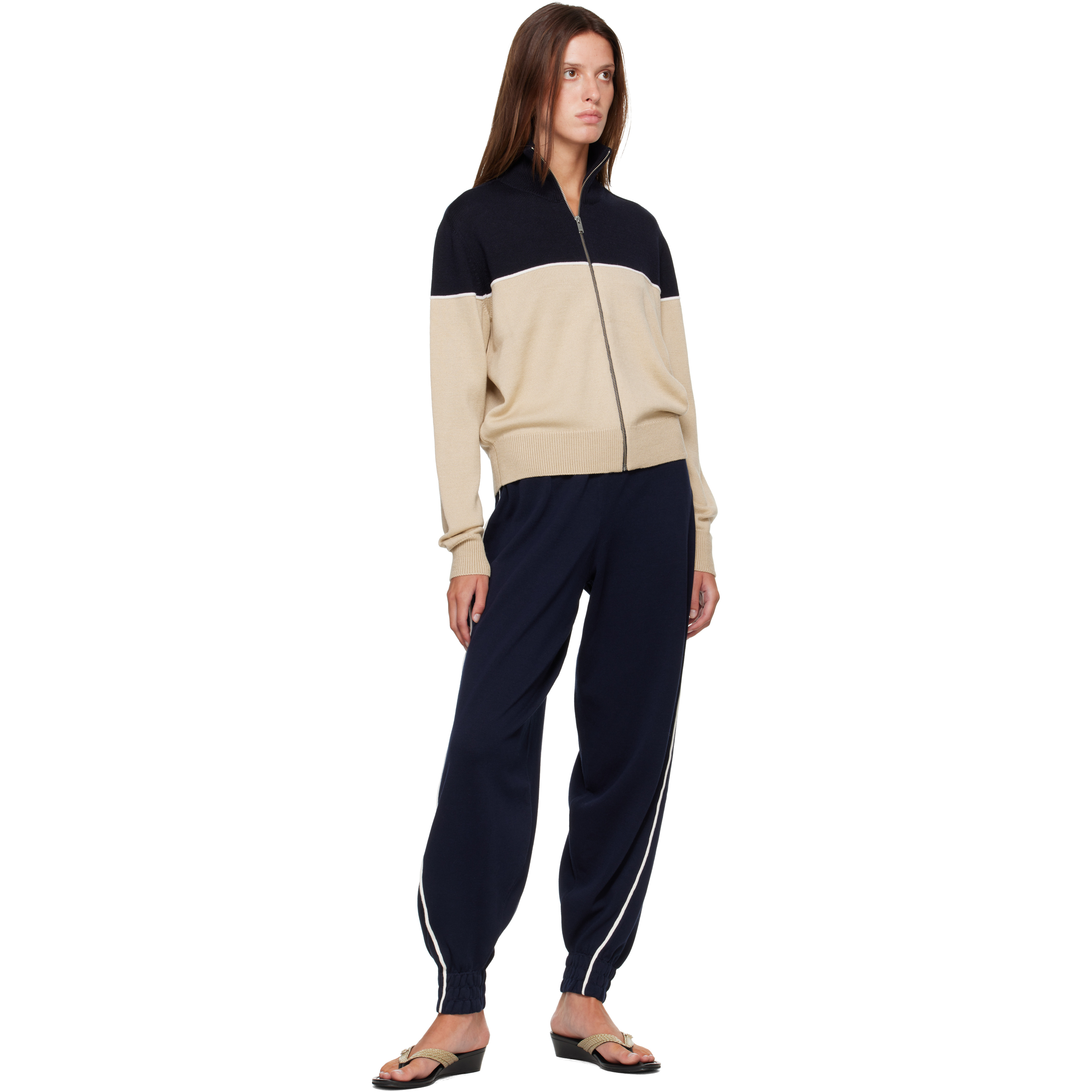 Off-White & Navy Extrafine Merino Wool Sporty Cardigan