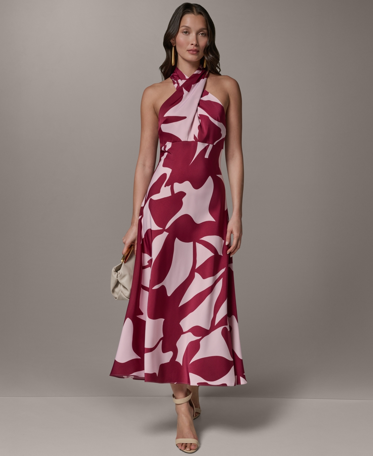 Women's Halter Neck Printed Satin A-Line Dress - Sangria/Lilac