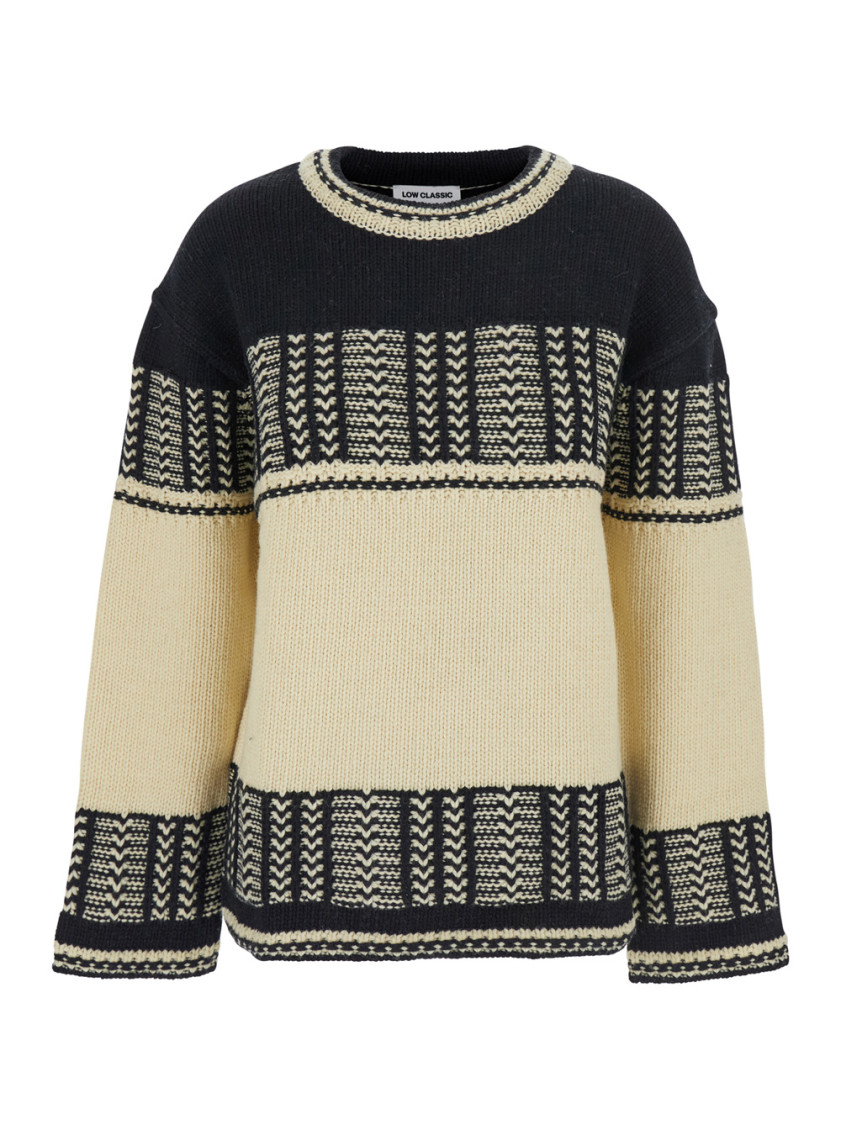 Black And White Crew Neck Sweaterwith All-over Intarsia In Wool Woman
