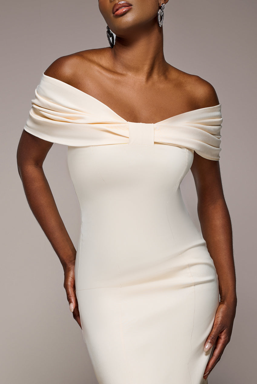 Goddiva Bardot Bow Neck Maxi Dress - Crea
