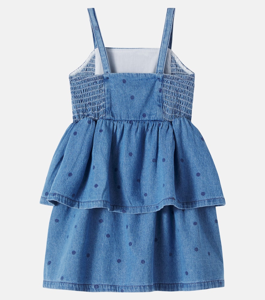 Polka-dot embroidered denim dress