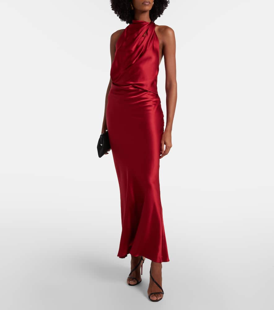 Draped halterneck silk satin gown