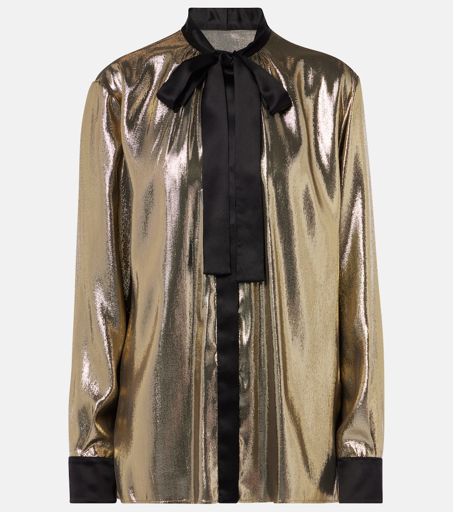 Tie-neck silk-blend lamé blouse