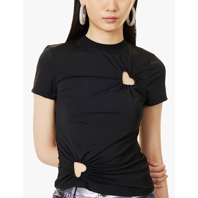 Womens Black Bowie Heart-shape Cut-out Stretch-woven Top