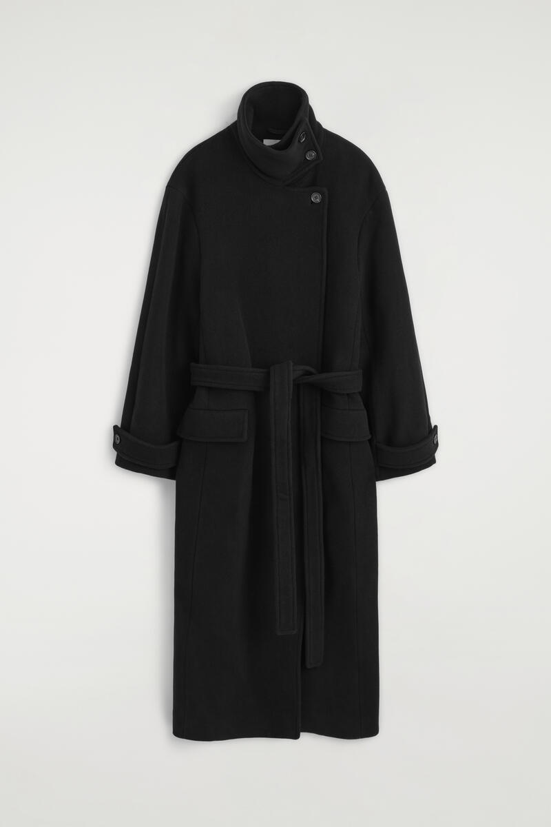 Belted Wool-Blend Mock-Neck Coat