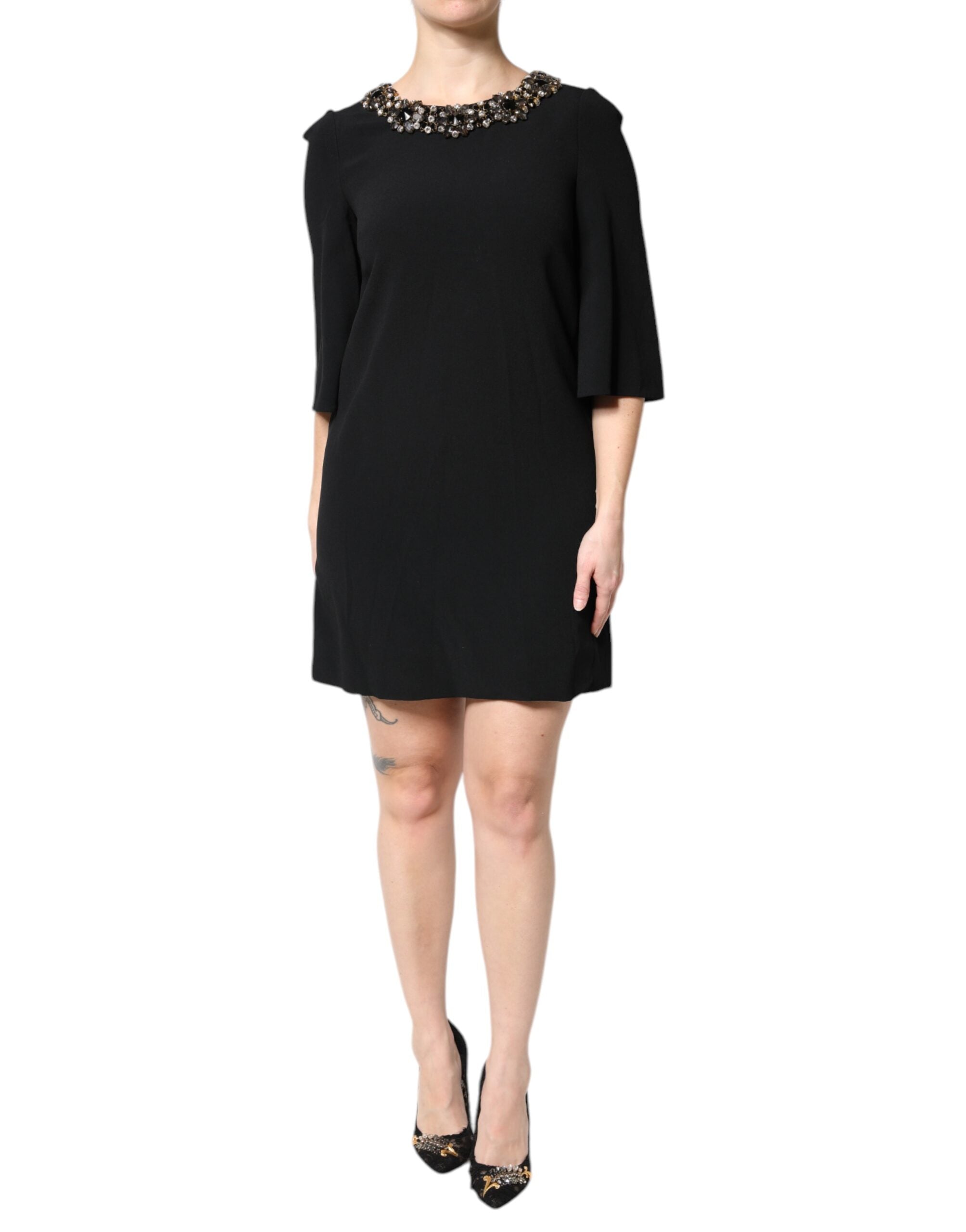 Crystal-Embellished Round Neck Dress — Black
