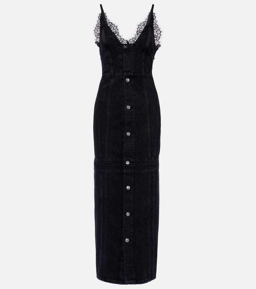 Lace-trimmed denim maxi dress