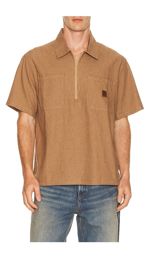 Brixton Brakeman Half Zip Short Sleeve Shirt in Brown & Tan Stripe. S also in M, L, XL/1X