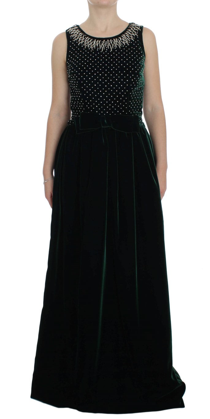 Crystal-Embellished Velvet Maxi Dress — Green