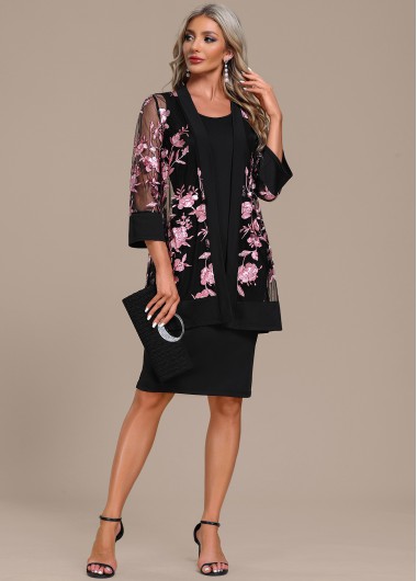 Modlily Embroidery Black Two Piece Shift Dress and Cardigan
