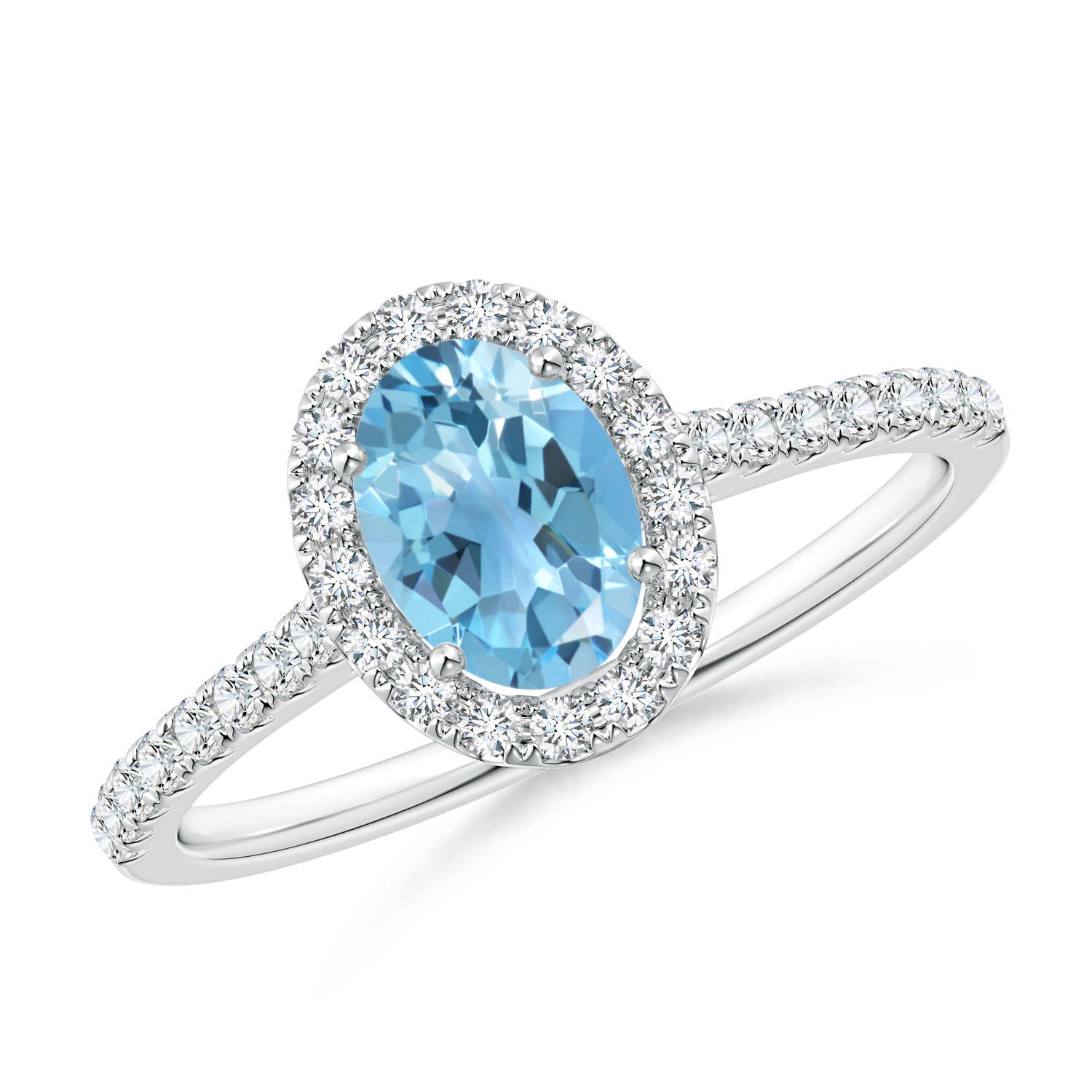 Angara 0.95 Carat Prong-Set Oval Swiss Blue Topaz Halo Ring with Diamond Accents in Platinum