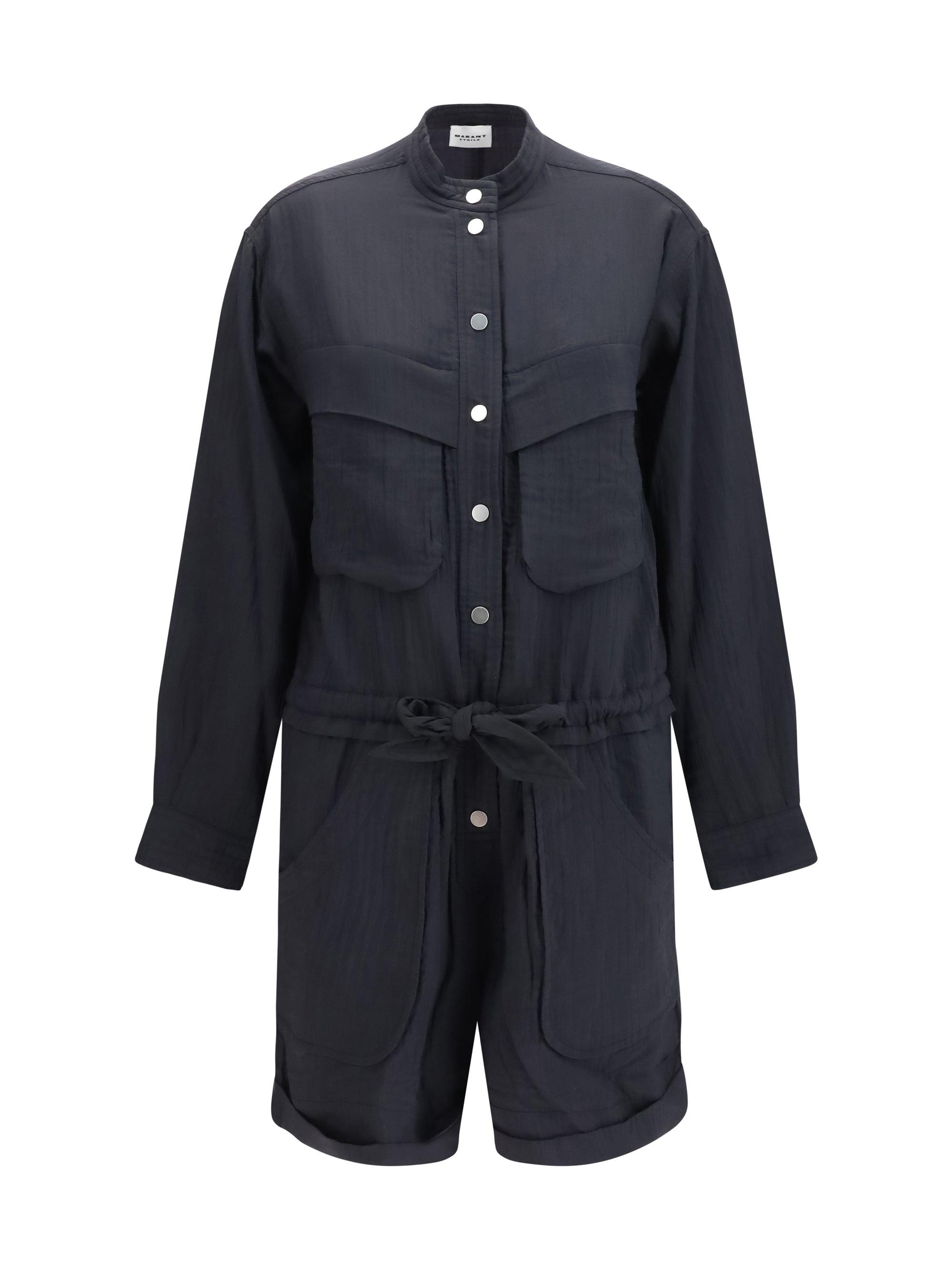 Short Cotton-Blend Safari Jumpsuit — Black