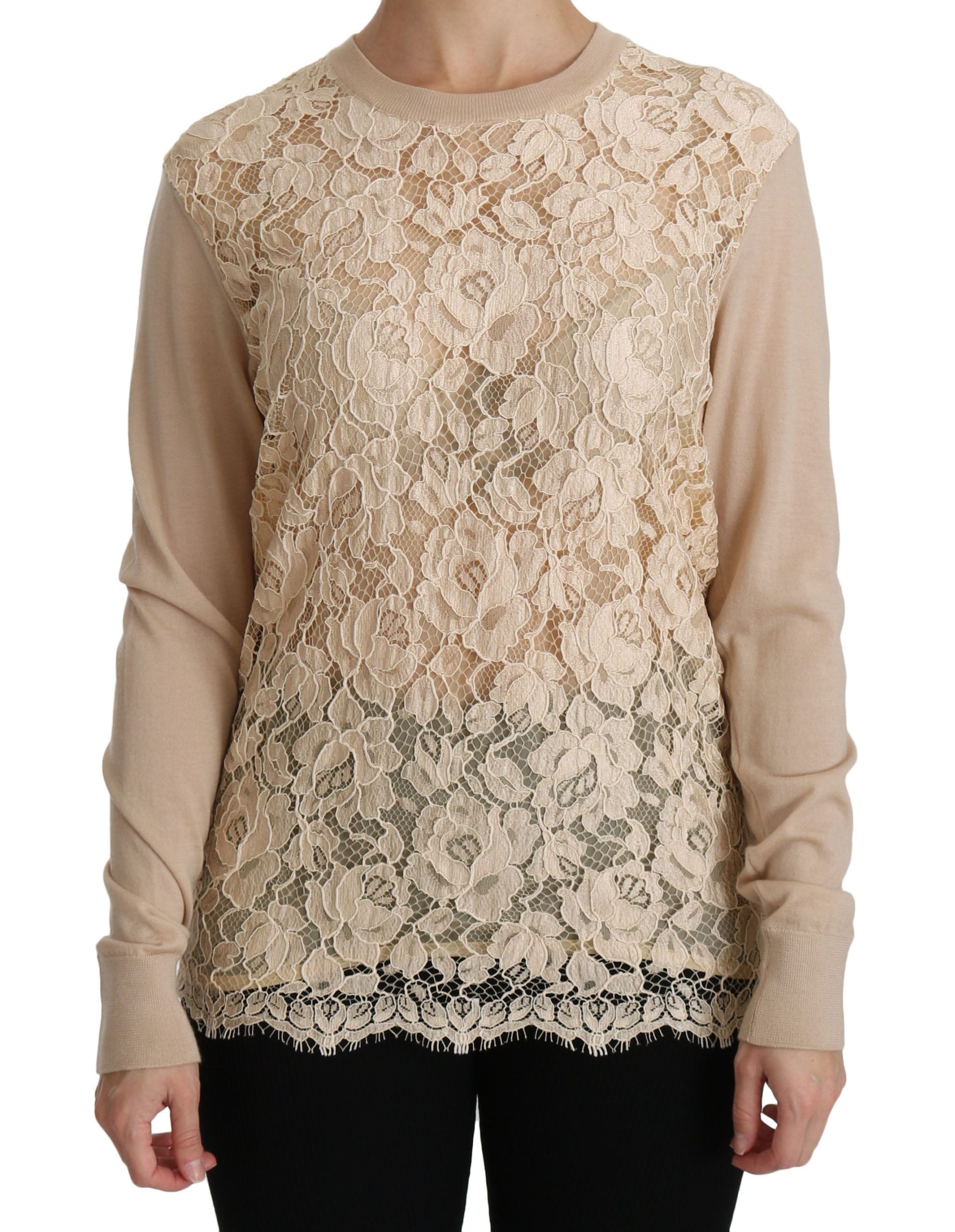 Lace-Front Cashmere Blouse — Beige