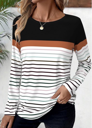 Modlily Black Patchwork Striped Long Sleeve Round Neck T Shirt