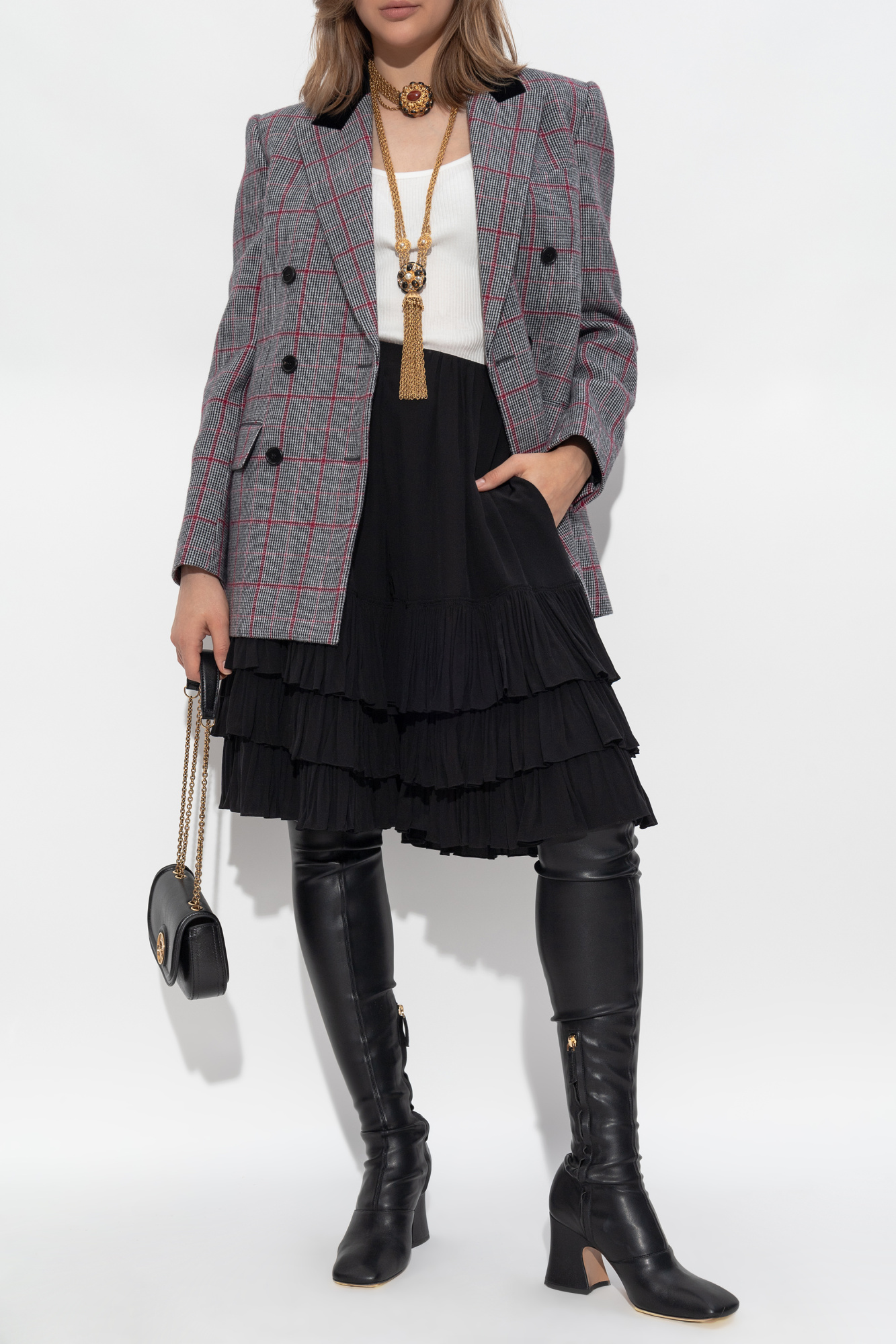 Double-breasted Blazer With A Check Pattern, Women's, Grey