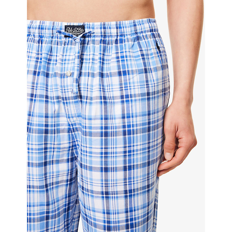 Mens Blue Plaid Logo-embroidered Regular-fit Cotton Pyjamas Bottoms S