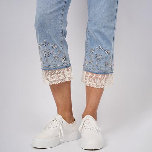 Legacy Stretch Denim Embroidered Lace Hem Jean - Blue