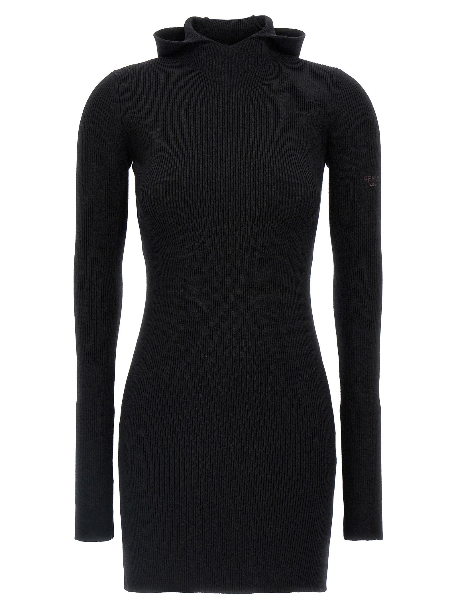 Ribbed Wool-Silk Hooded Sweater Dress — Black
