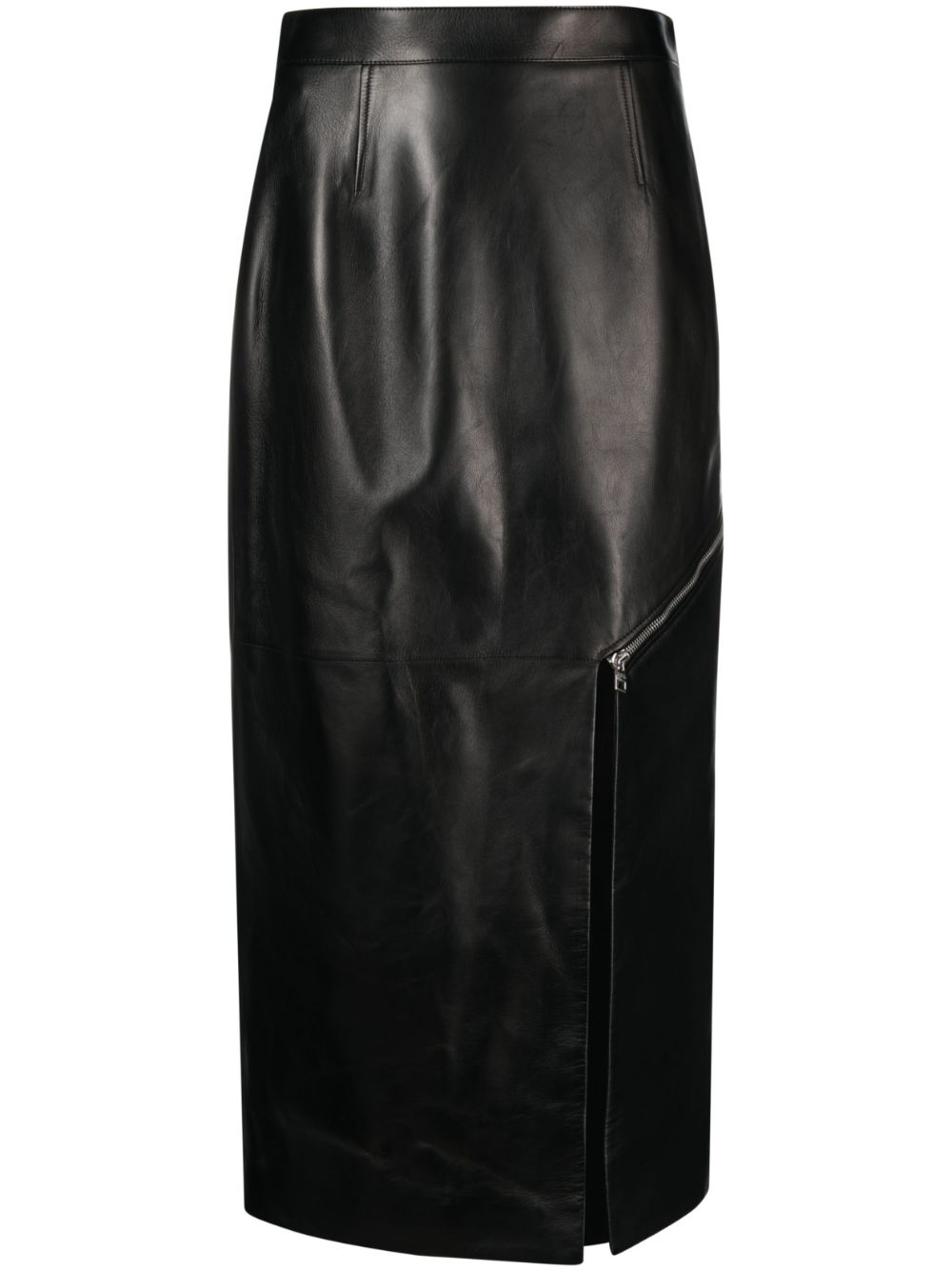 Side-slit leather midi skirt - Black