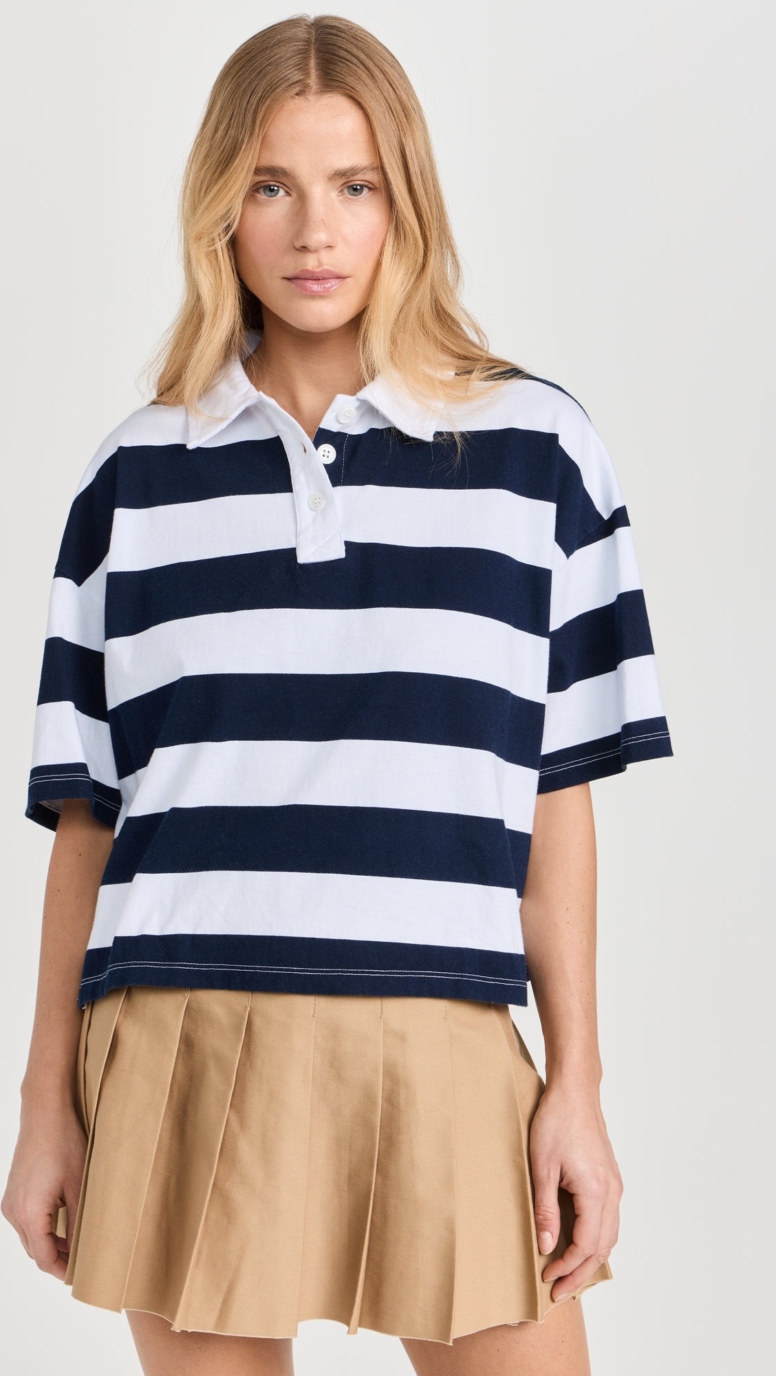 Navy Rugby Stripe Short Sleeve Boxy Polo White
