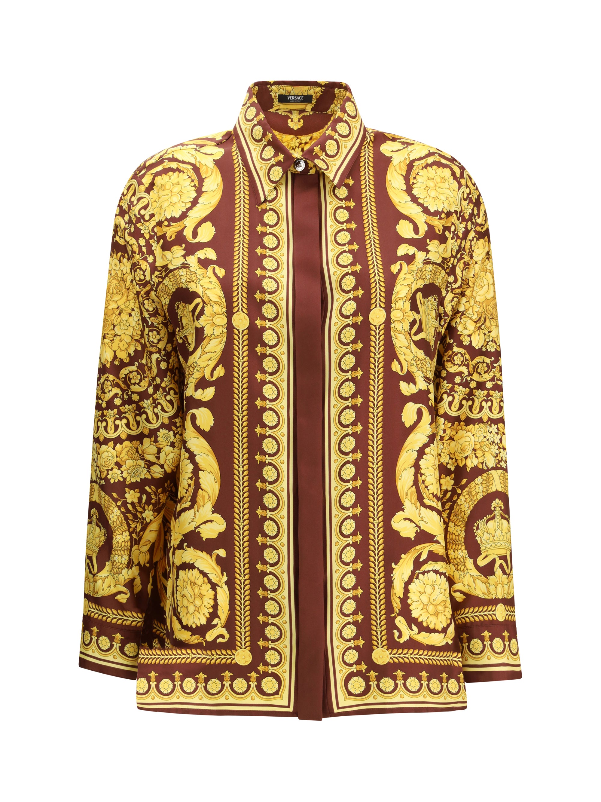 Barocco-Print Silk Shirt — Burgundy