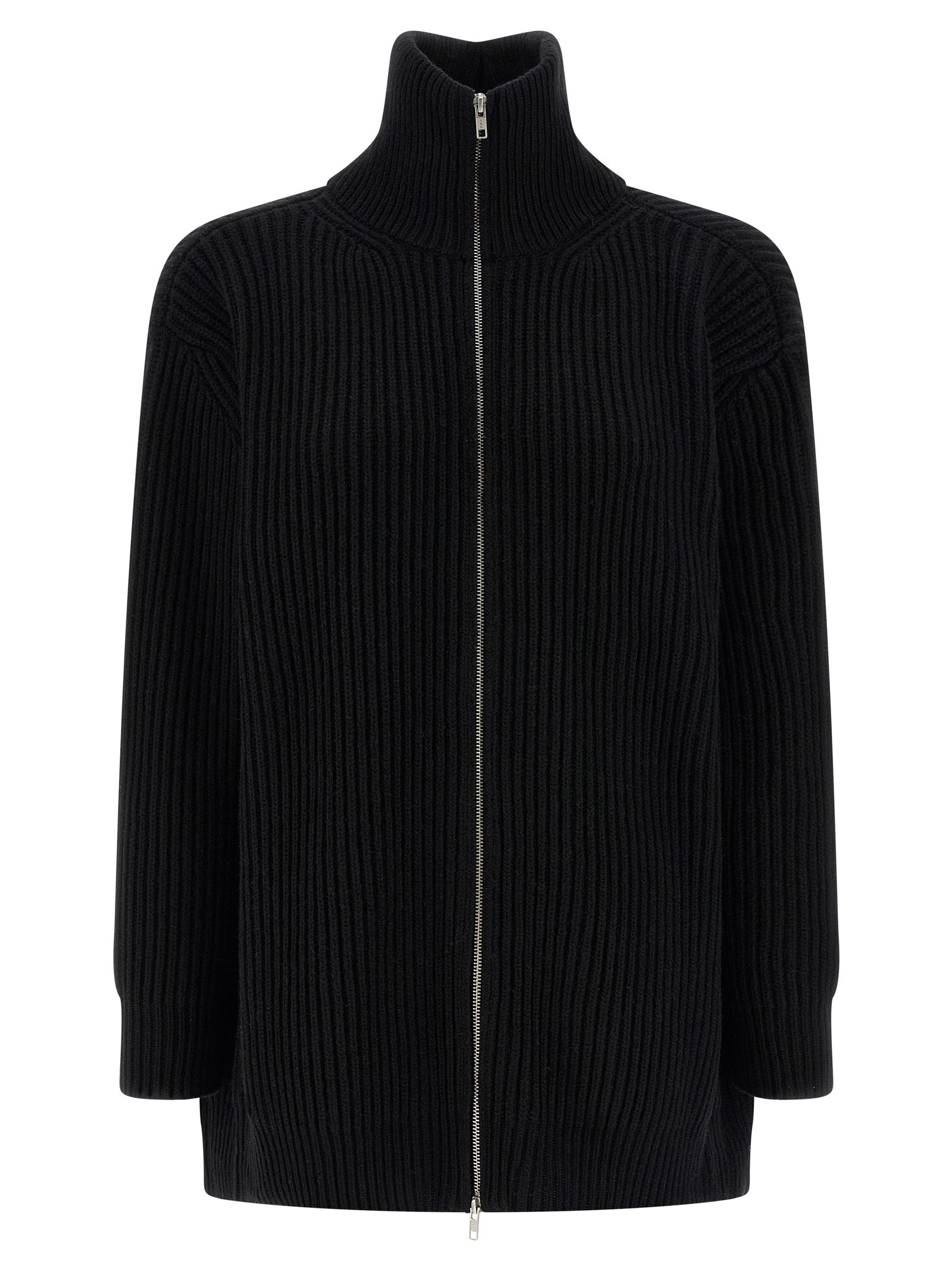 Ribbed Wool Knit Cardigan — Black