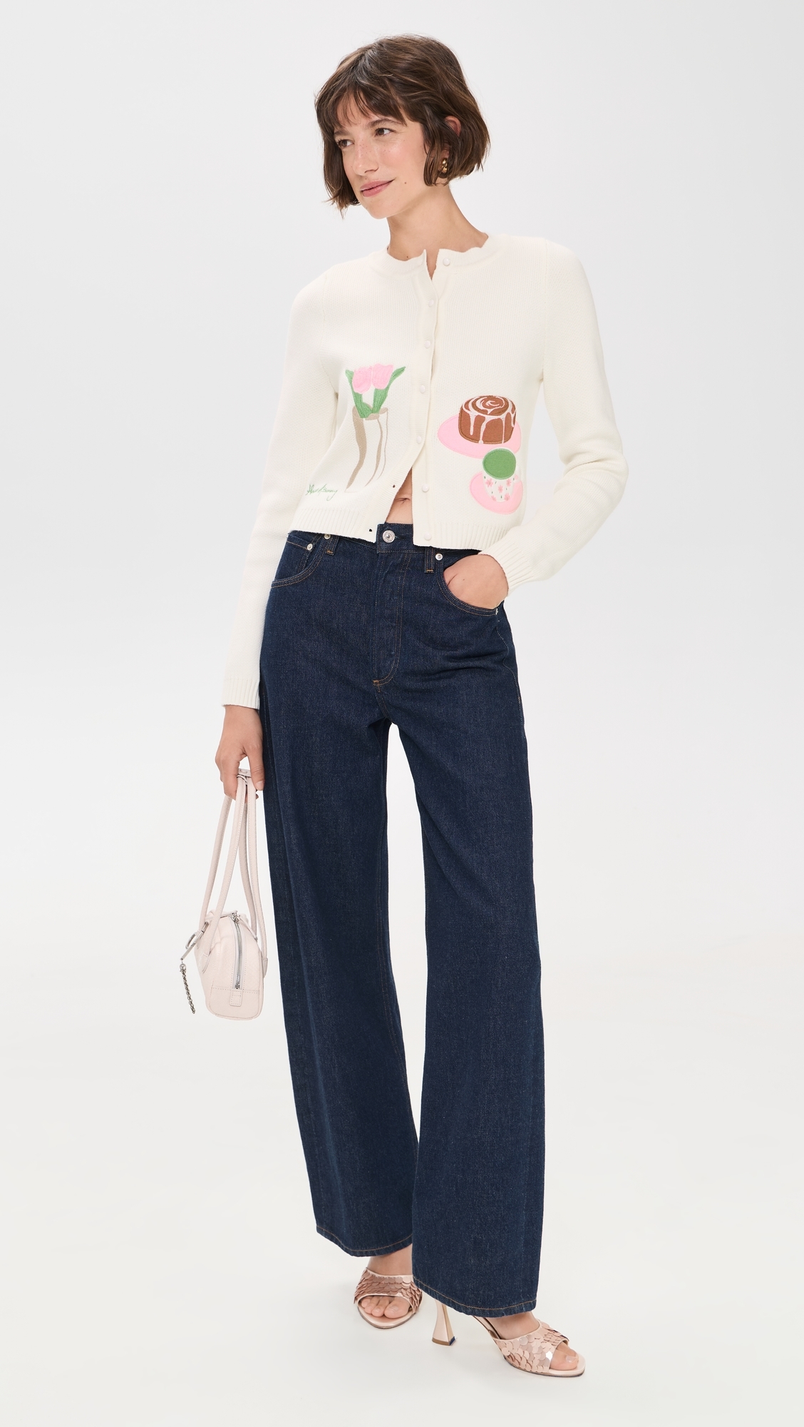 Collarless Picture Knit Cardigan Ivory