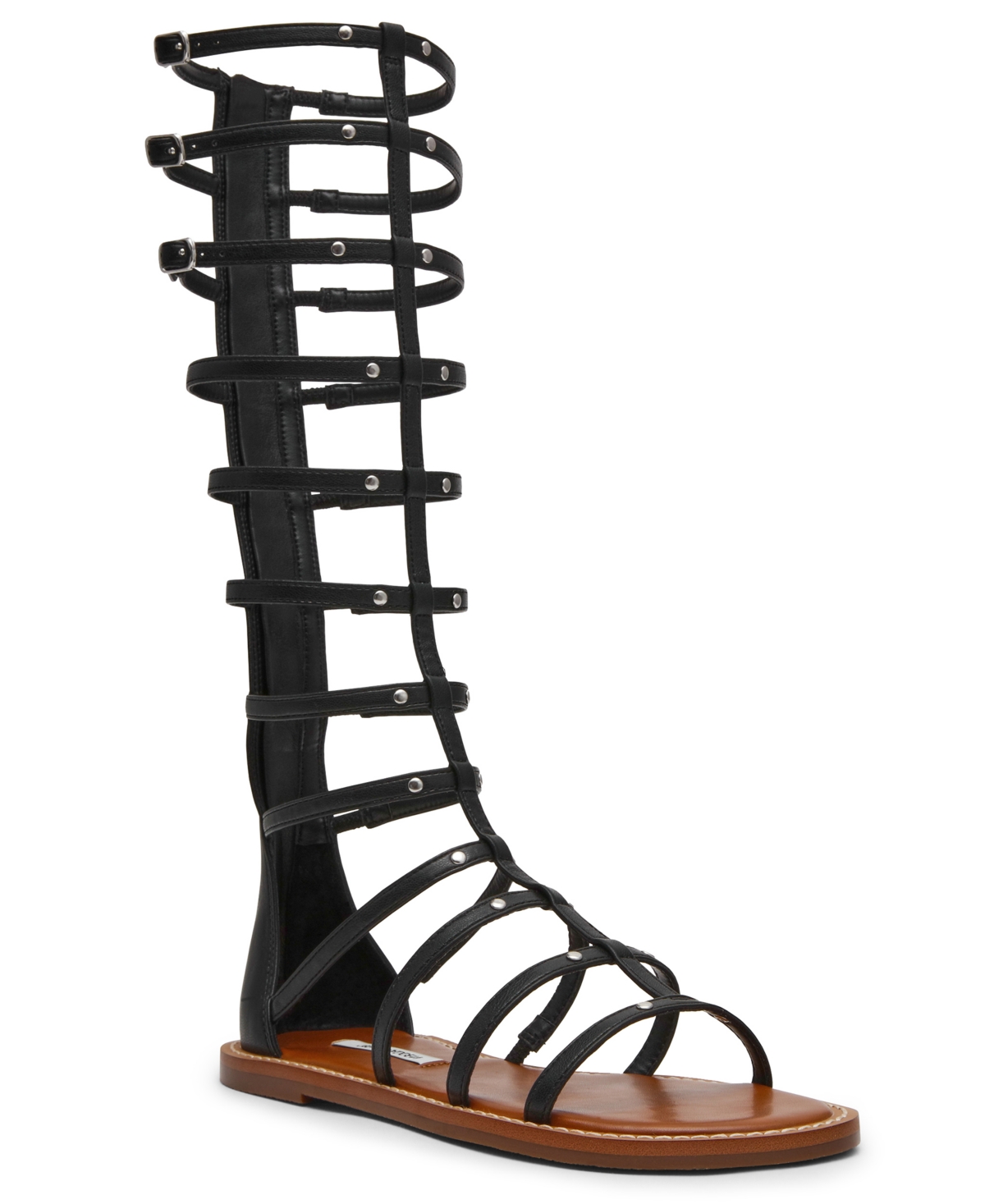 Women's Gladius Knee-High Strappy Flat Round Toe Gladiator Sandals - Black
