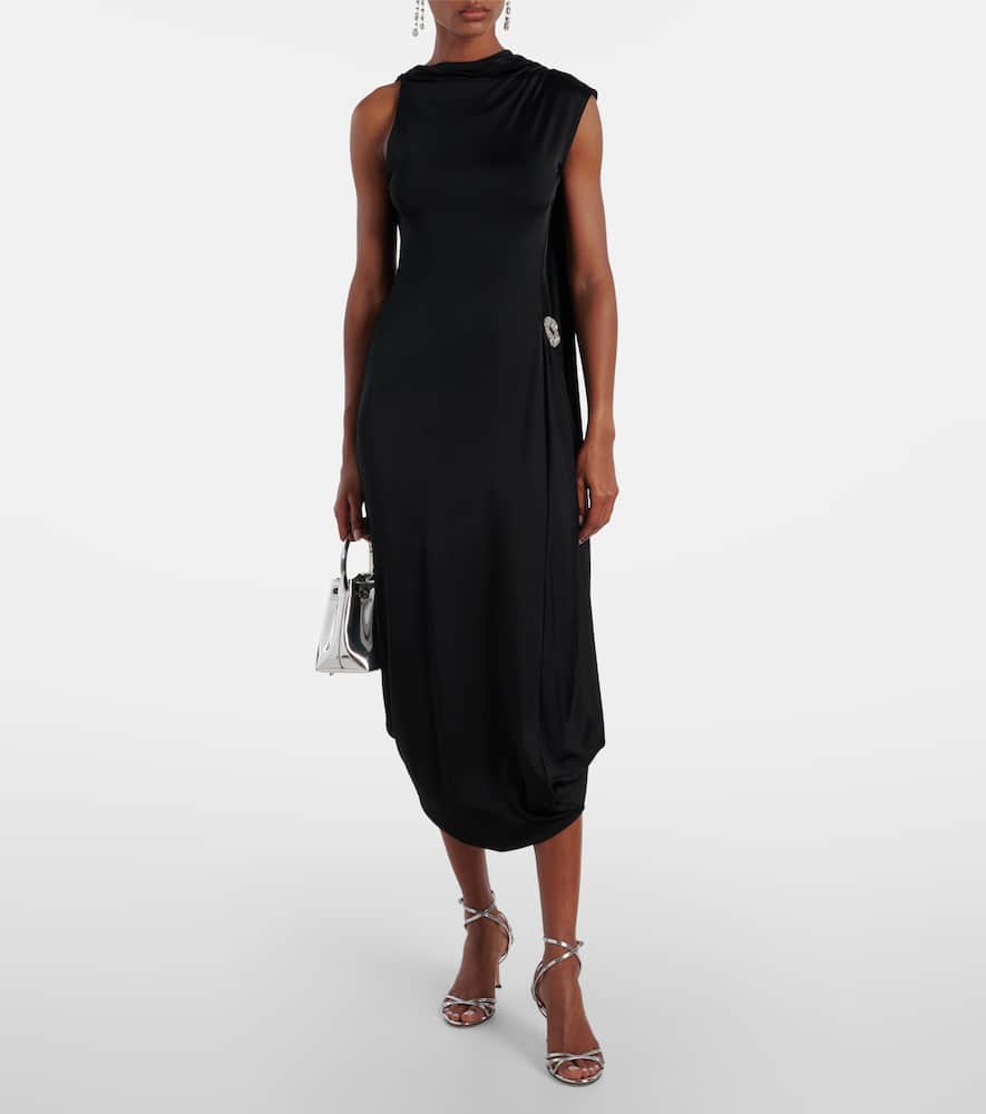 Draped embellished satin midi dress