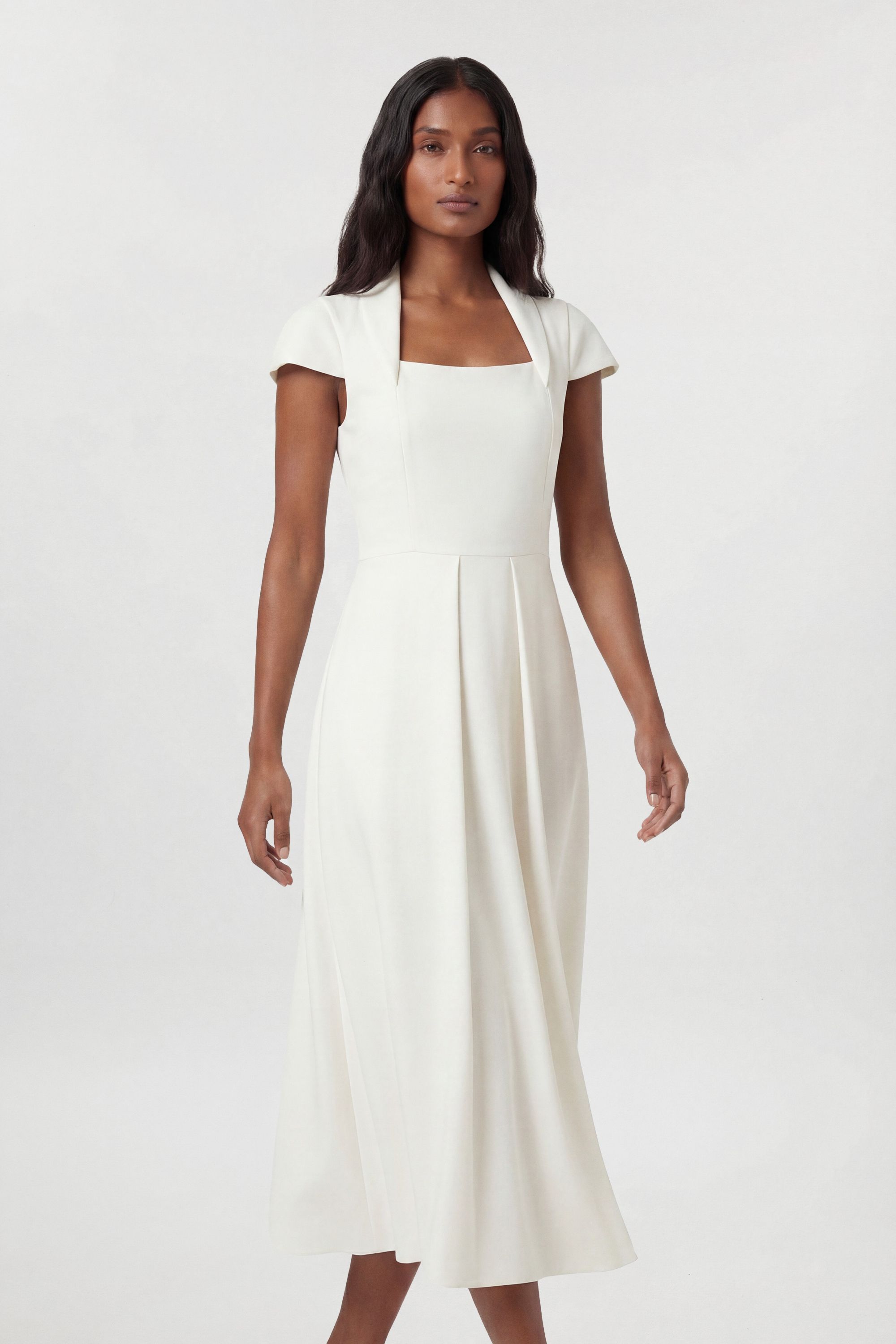 Karen Millen Womens Compact Stretch Tailored Square Neck Full Skirted Midi Dress - White