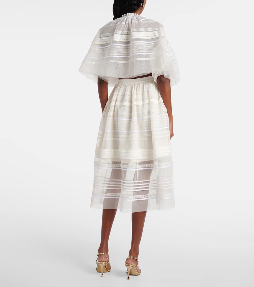 Gathered lace and tulle midi skirt