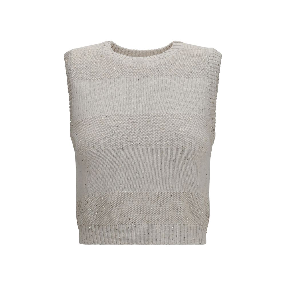 Sequin-Embellished Knit Tank Top — Beige