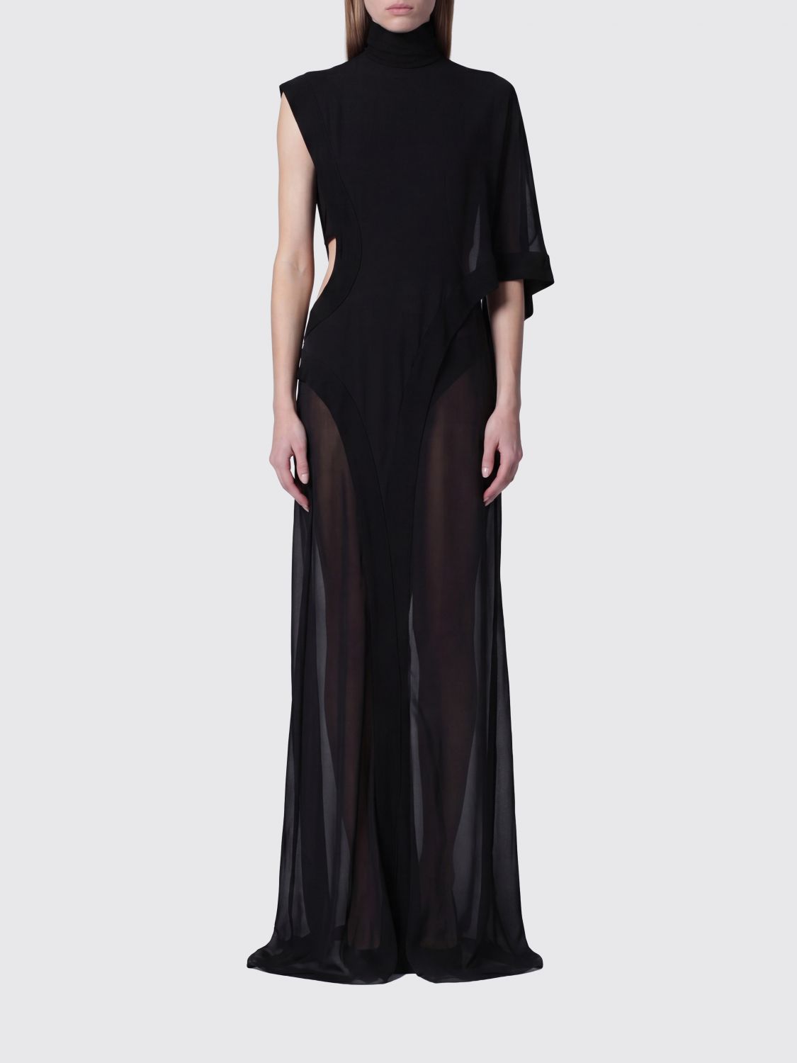 One-Shoulder Silk Evening Gown with Turtleneck Collar