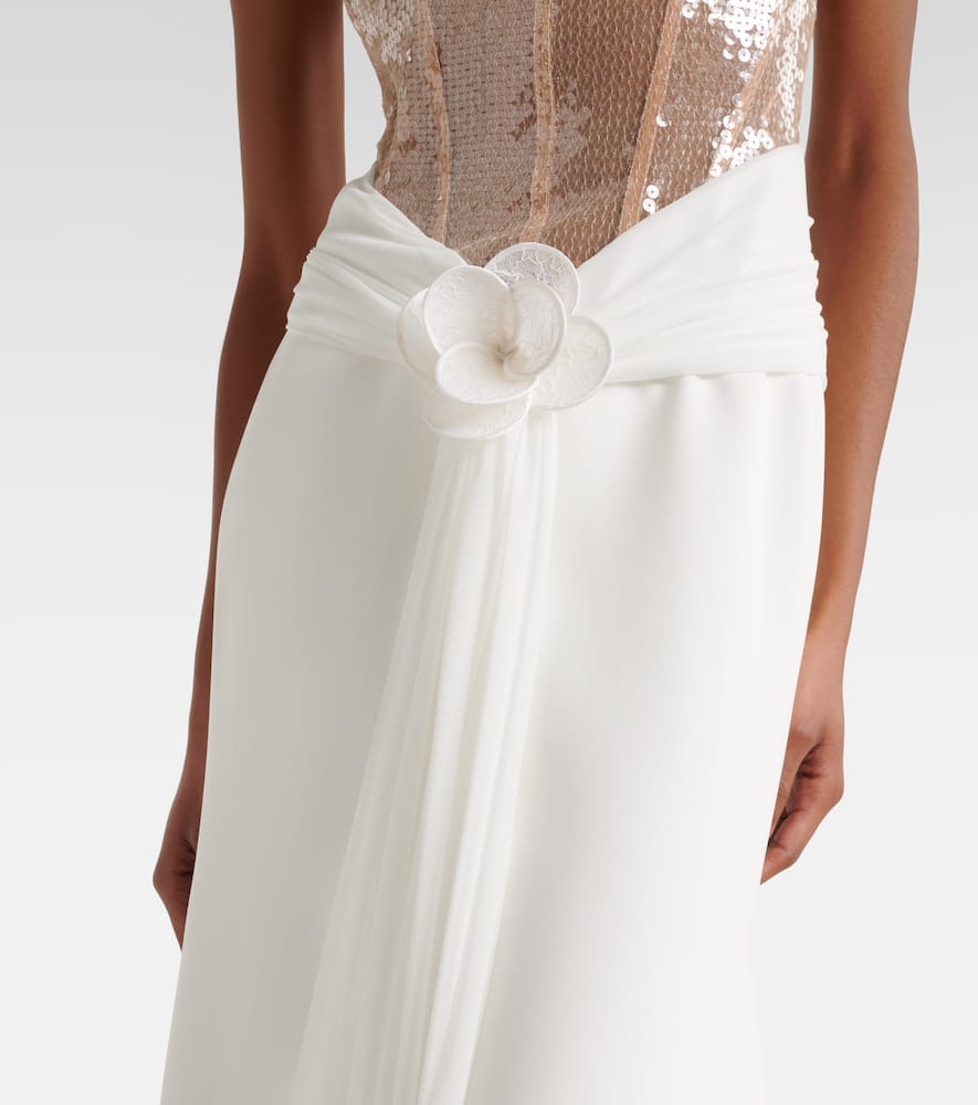 Floral-appliqué sequined bustier gown