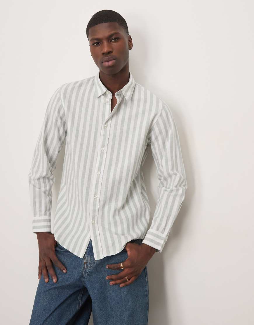 Selected Homme linen blend slim shirt in green stripe