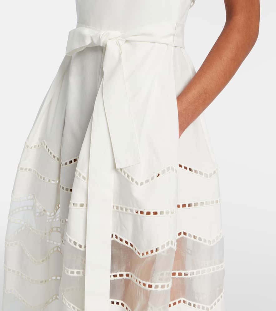 Belted organza-trimmed cotton maxi dress