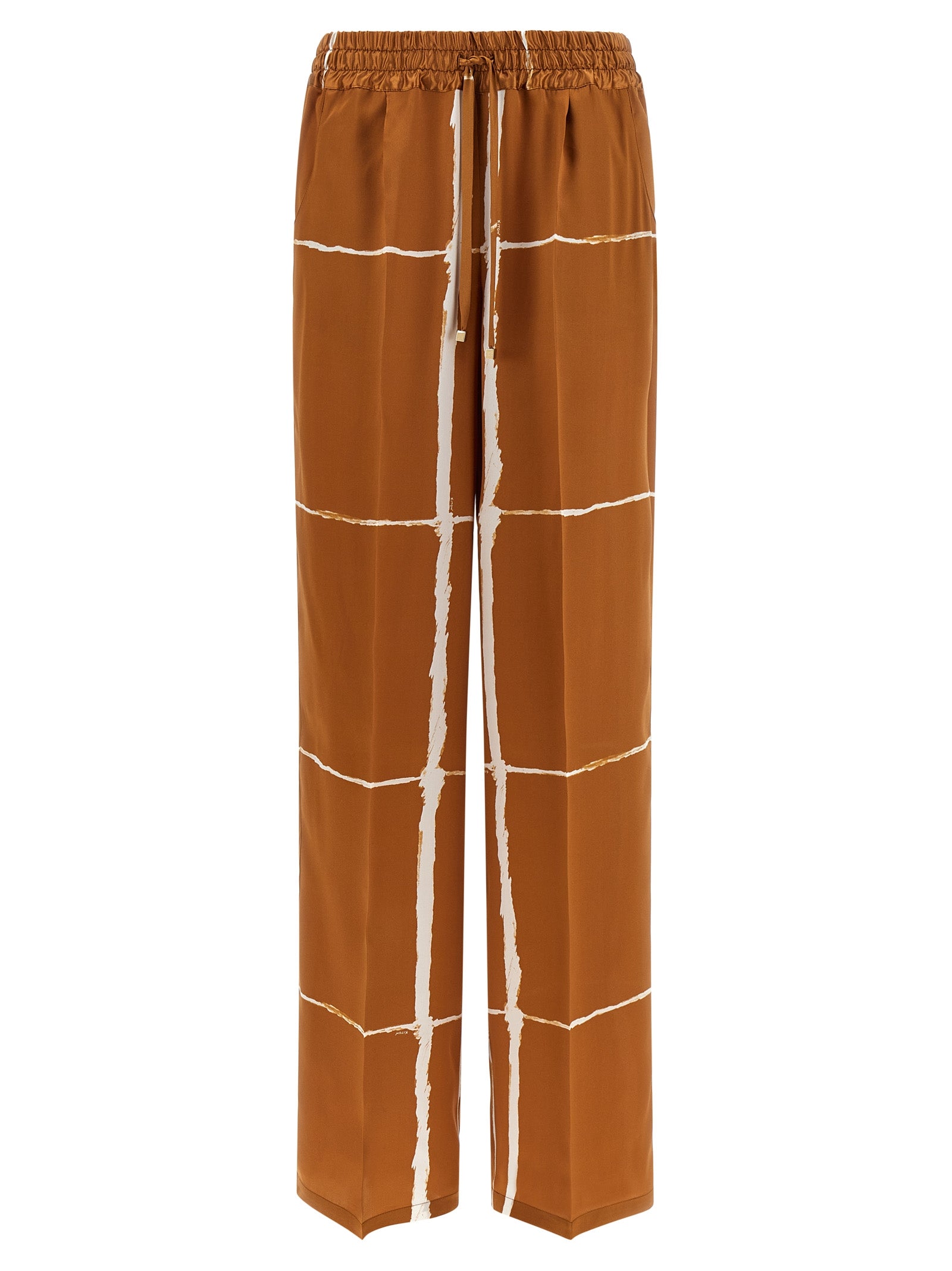 Graphic-Striped Silk Trousers — Brown