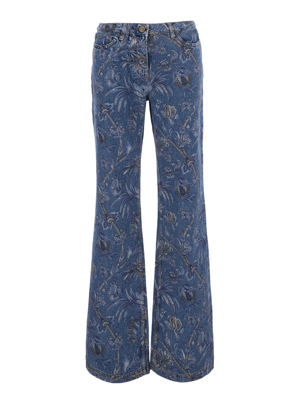 Floral-Print Flared Denim Jeans — Blue