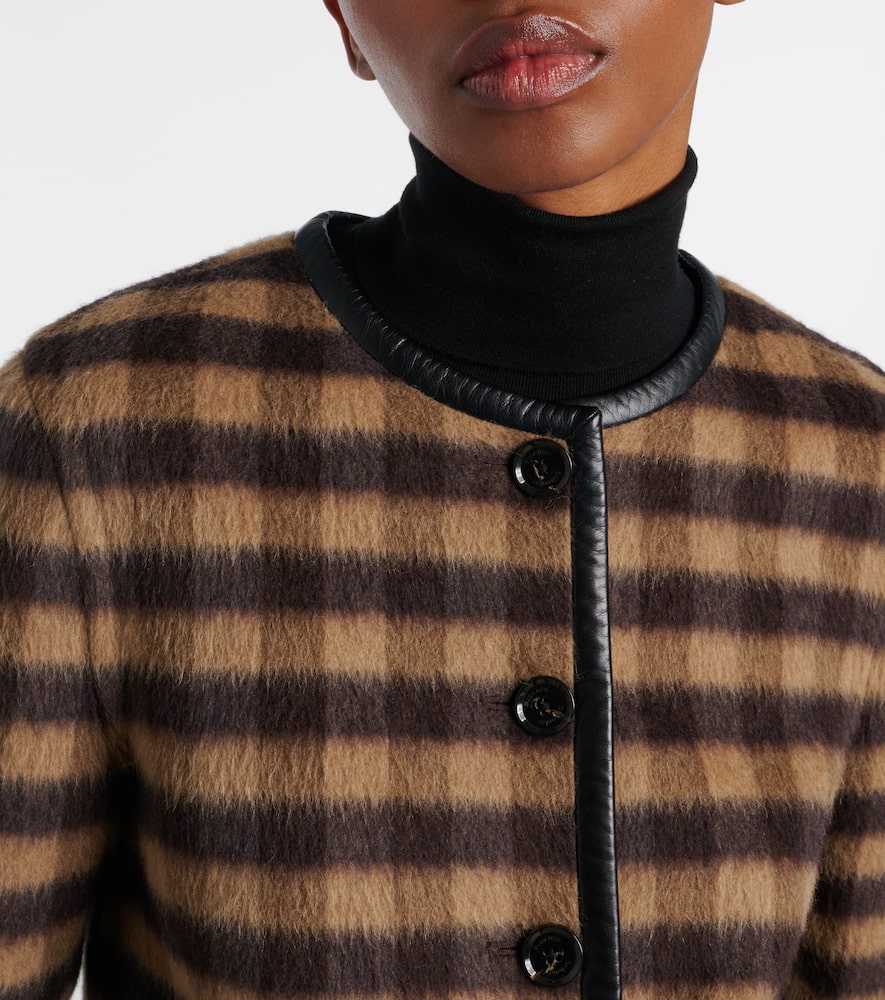 Checked leather-trimmed wool-blend jacket
