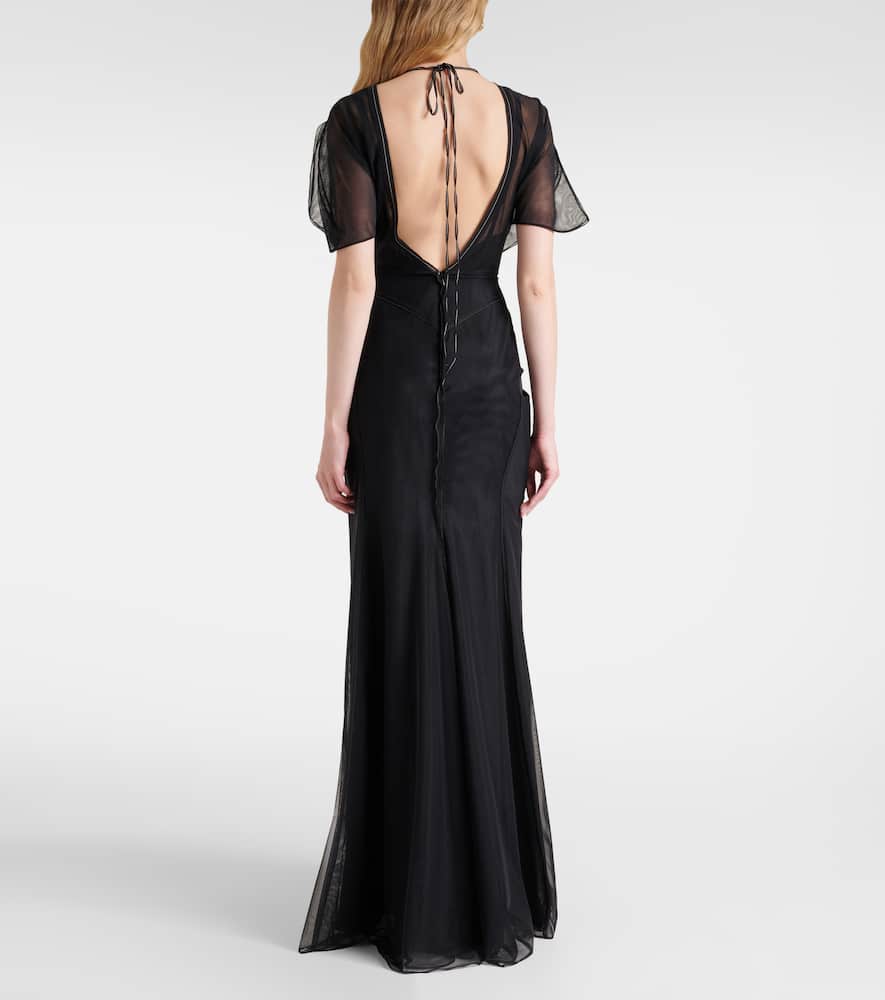 Bella gathered open back organza gown