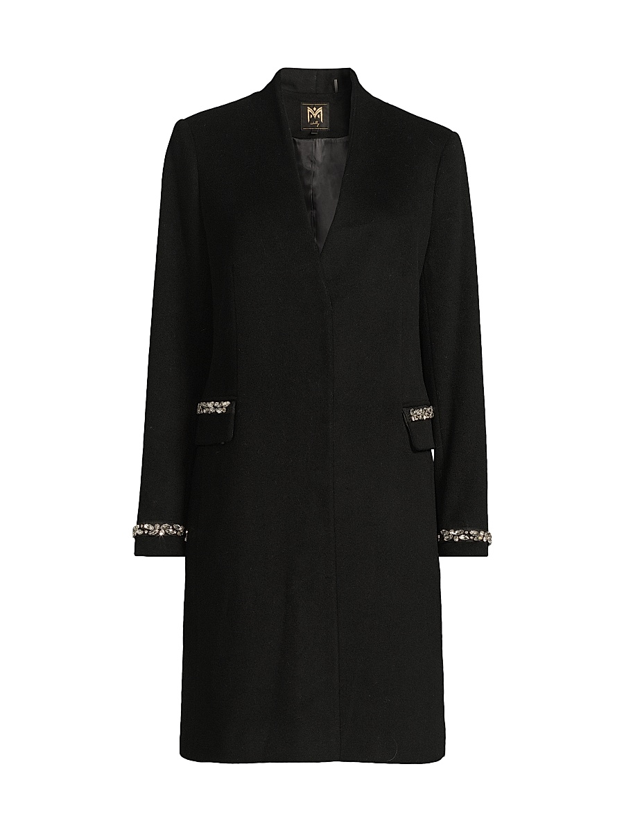 Women's Collarless Jewel Trim Maxi Coat - Black