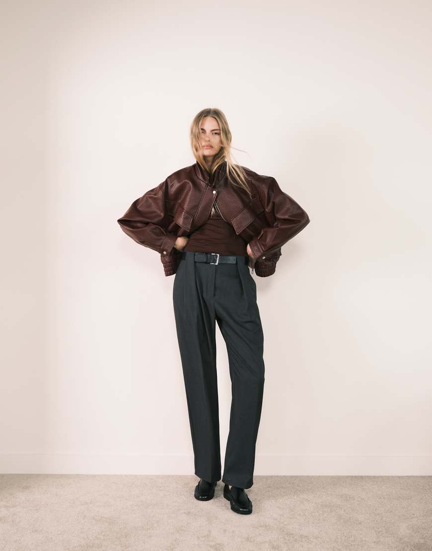 Tailored high waist belted straight leg trousers in grey marl