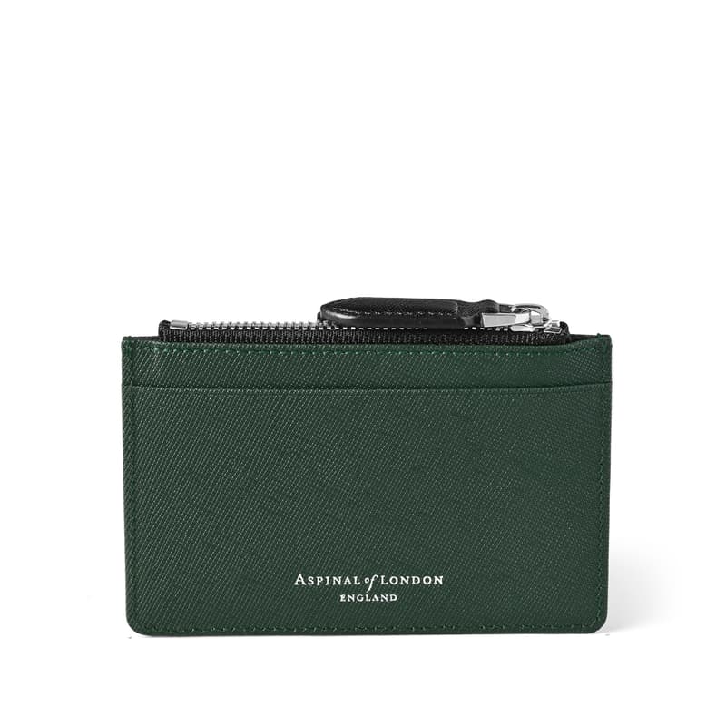 Zipped RFID Card Holder in Black & Green Saffiano