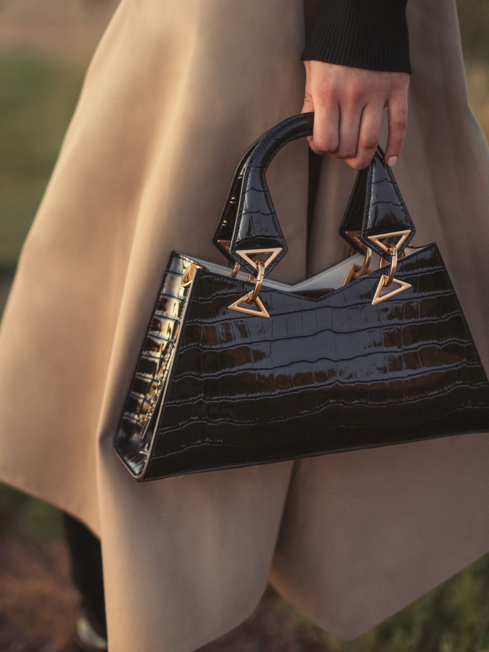 Crocodile Leather Handbag With Gold Hardware, Black, One Size
