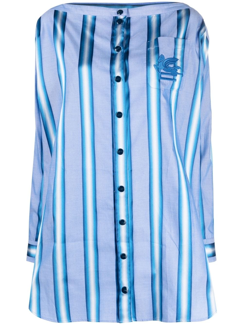 Vertical-Stripe Silk Shirt Dress — Blue