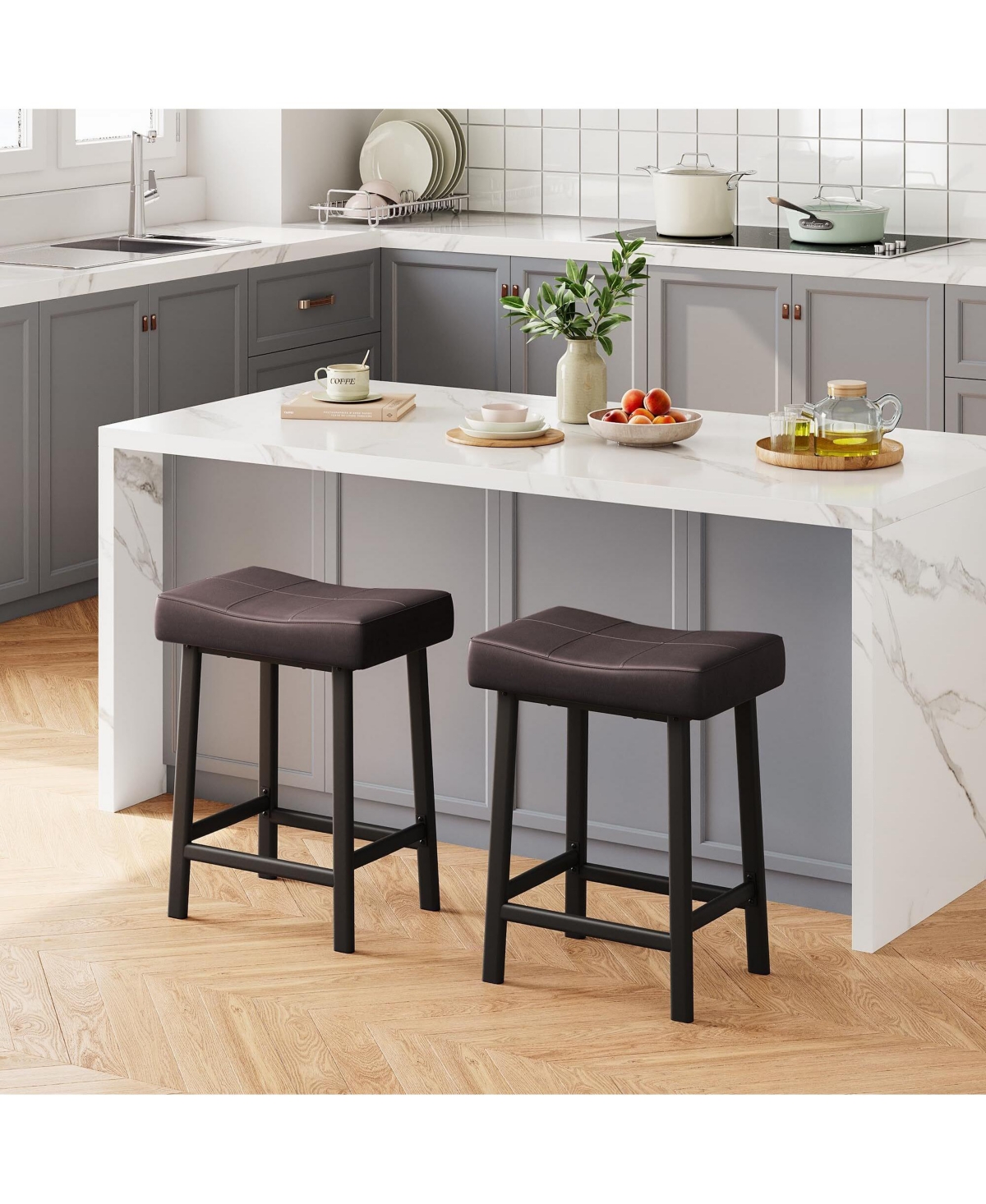 Upholstered Backless Saddle Bar Stools Set of 2, Counter Height