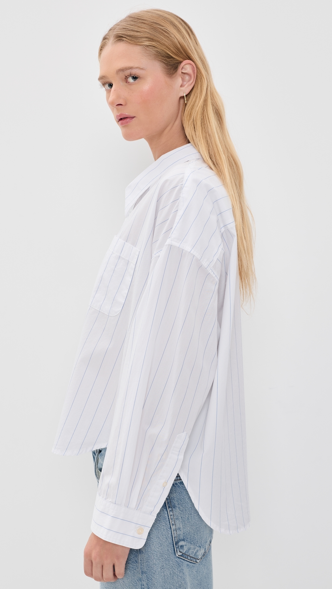 Bailey Cropped Button Down Shirt Light Blue Wide Pinstripe