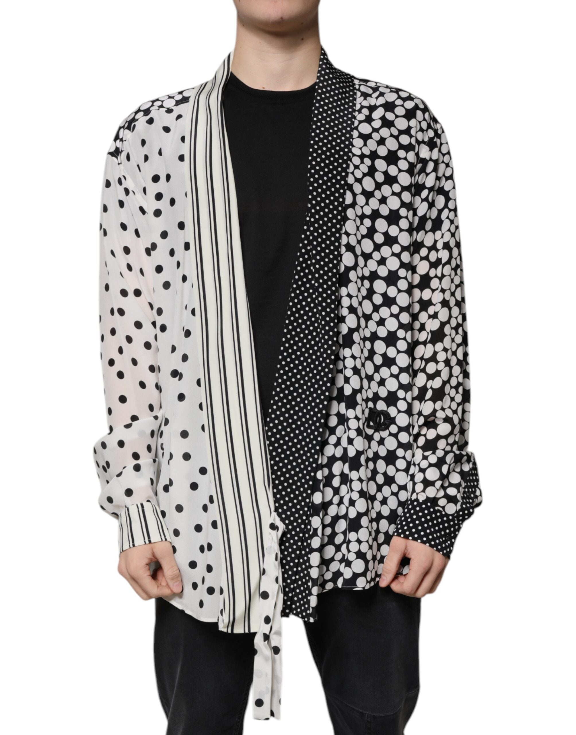 Patchwork Polka-Dot Silk Shirt — Black