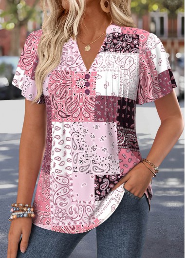 Modlily Pink Tribal Print Curved Hem Short Sleeve T Shirt